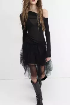 Юбка-трапеция миди из сетки с оборками