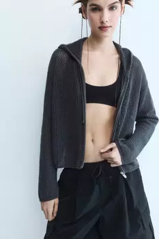 Кардиган на молнии ажурный с капюшоном