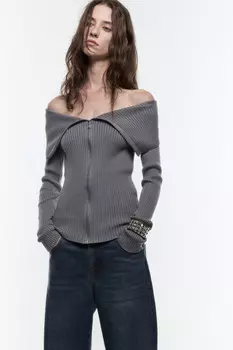 Кардиган на молнии вязаный с открытыми плечами