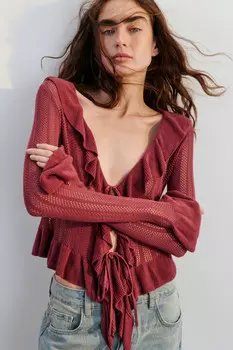 Кардиган на завязках ажурный с оборками