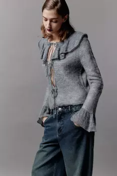 Кардиган на завязках с воротником и воланами