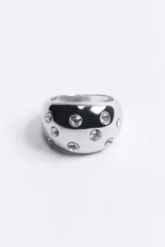 Кольцо-перстень серебристое со стразами