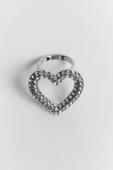 Кольцо серебристое с сердечком и стразами