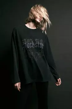 Лонгслив хлопковый с декором из страз