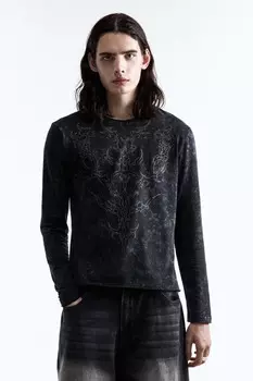 Лонгслив хлопковый с вареным эффектом и принтом