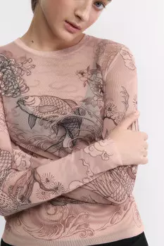 Лонгслив из полупрозрачной сетки с принтом