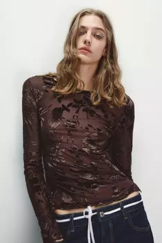 Лонгслив из сетки с цветочным принтом