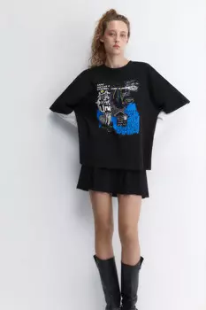 Лонгслив oversize рваный с двойным рукавом и принтом