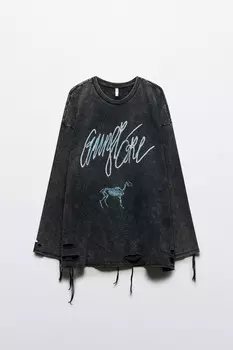 Лонгслив oversize рваный с принтом