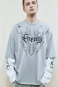 Лонгслив oversize с двойными рукавами и принтом