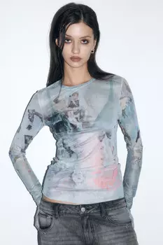 Лонгслив сетчатый с перчатками и принтом