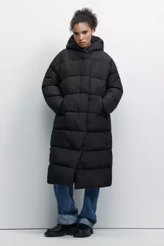 Пальто oversize стеганое длинное с капюшоном