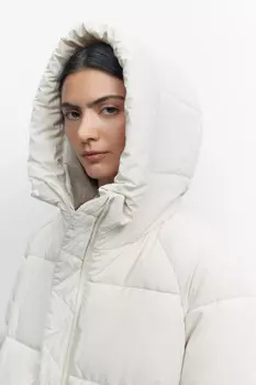 Пальто oversize стеганое длинное с капюшоном
