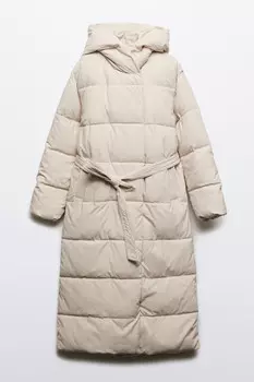 Пальто стеганое с капюшоном и поясом