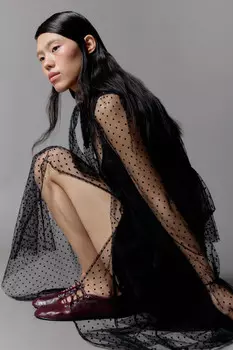 Платье макси сетчатое с воланами и разрезом