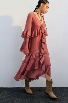 Платье макси свободное из шифона с воланами