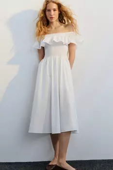 Платье миди хлопковое с пышным воланом