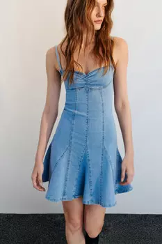Платье мини джинсовое на тонких бретельках