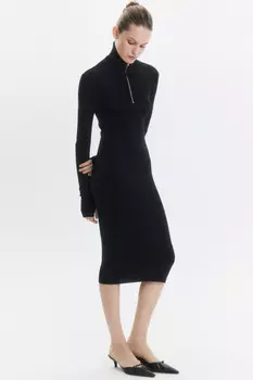 Платье-свитер миди облегающее с воротником на молнии