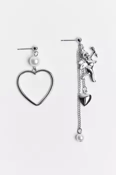 Серьги асимметричные с сердечком и ангелом