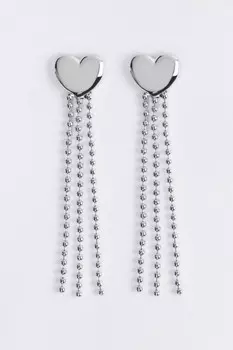 Серьги-сердечки серебристые с цепочками