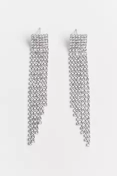Серьги длинные серебристые из страз