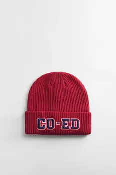 Шапка-бини вязаная с отворотом и принтом-надписью