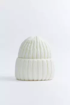 Шапка-бини вязаная шерстяная в рубчик