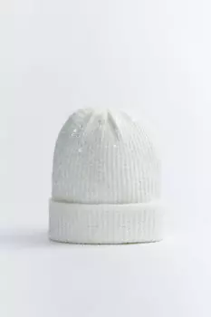 Шапка-бини вязаная в рубчик с пайетками