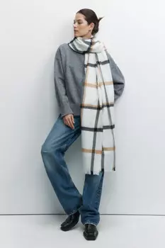 Шарф вязаный клетчатый с короткой бахромой