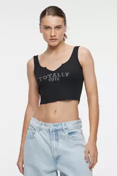 Топ-майка хлопковый с разрезом на груди и принтом