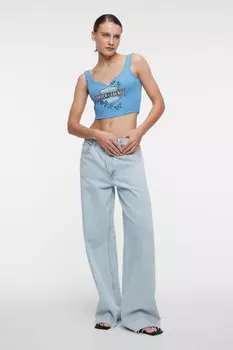 Топ-майка хлопковый с разрезом на груди и принтом