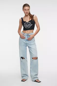 Топ-майка хлопковый с разрезом на груди и принтом