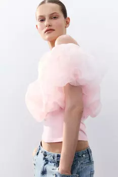 Топ трикотажный с пышным лифом из органзы