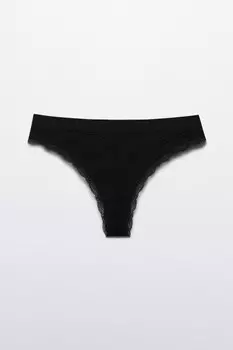 Трусы-стринги в рубчик с кружевом