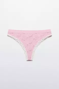 Трусы-стринги в рубчик с кружевом