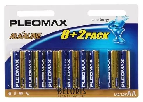 Батарейка алкалиновая Pleomax, AA, Lr6-10bl, 1.5в, блистер, 8+2 шт.