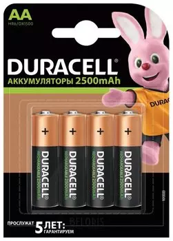 Батарейки аккумуляторные DURACELL, АА (HR06), Ni-Mh, 2500 mAh, комплект 4 шт., в блистере
