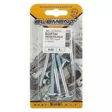 Болт мебельный Element, Din603, 6х60 мм, с гайкой, оцинкованный, на блистере 6 шт.