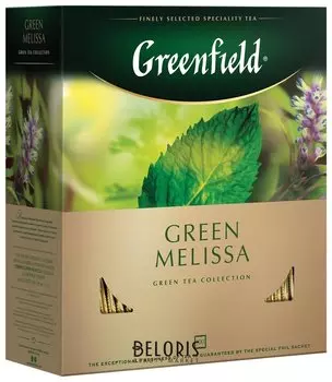 Чай Greenfield (Гринфилд) "Green Melissa", зеленый, с мятой, 100 пакетиков в конвертах по 1,5 г, 0879