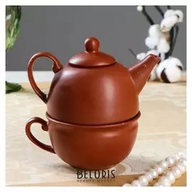 Чайник с чашкой, коричневый, 1 персона, чайник 0.3л, чашка 0.15л, 1 сорт