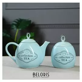 Чайный набор "Петелька" чайник 0,8 л, сахарница 0,5 л,голубая глазурь, деколь чай