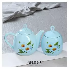 Чайный набор "Петелька" чайник 1,3 л и сахарница 0,8 л, голубой, цветы