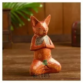 Интерьерный сувенир "Котик дзен" дерево, батик 17 см
