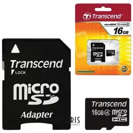 Карта памяти micro SDHC, 16 GB, TRANSCEND, 4 Мб/сек. (class 4), с адаптером