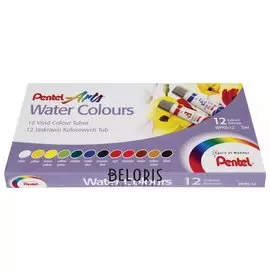 Краски акварельные художественные Pentel "Water Colours", набор 12 цветов, туба 5 мл, картонная упаковка