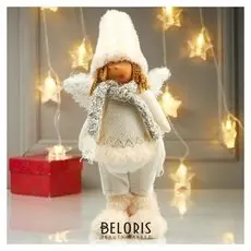 Кукла интерьерная Мальчик-ангелочек в меховых валенках 40 см