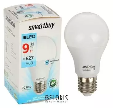 Лампа Cветодиодная Smartbuy, A60, E27, 9 Вт, 4000 К, дневной белый свет