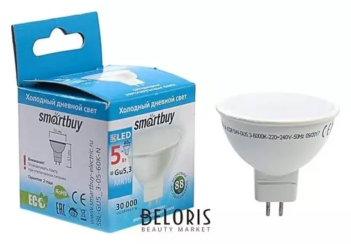 Лампа Cветодиодная Smartbuy, Mr16, Gu5.3, 5 Вт, 6000 К, холодный белый свет