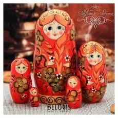 Матрешка 5 кукольная "Русская краса (Красное с золотом)" 15 см